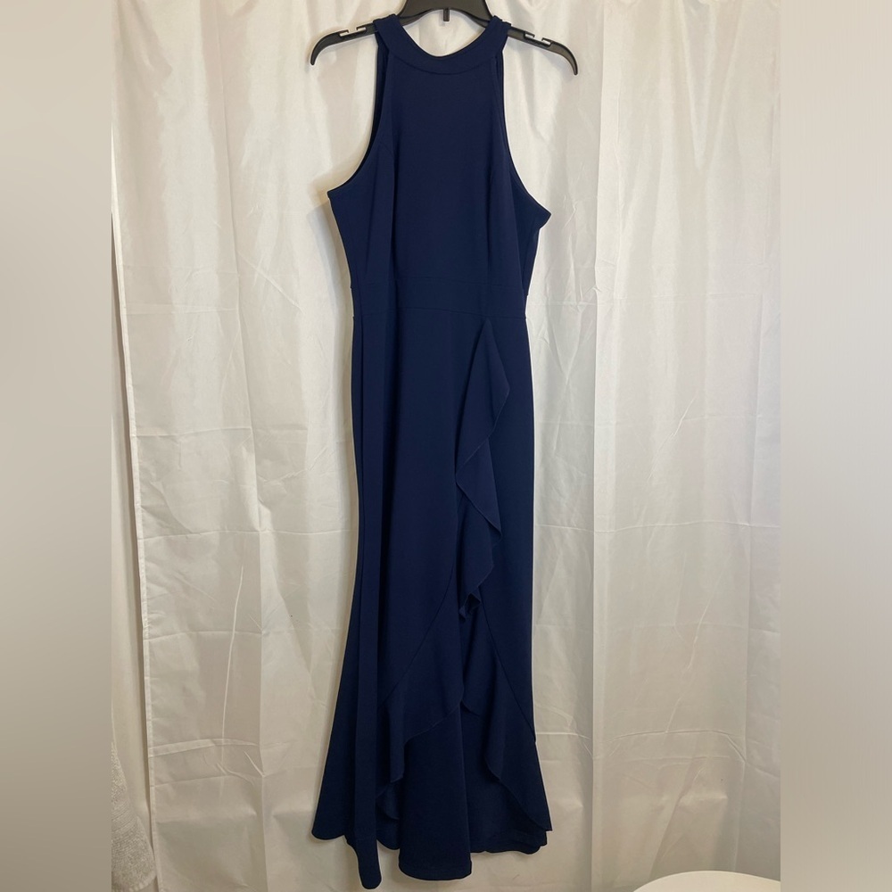 WOOSEA Women’s Navy Blue Halter Neck Sleeveless Full Length Ruffle Dress Large